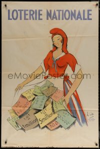 1b1074 LOTERIE NATIONALE French 32x47 1930s Charles Felix Gir art of pretty woman w/tickets, rare!