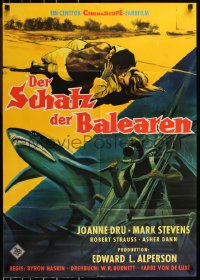 1b0438 SEPTEMBER STORM German 1961 art of scuba diver attacked by shark and romance on beach!