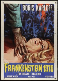 1b0807 FRANKENSTEIN 1970 Italian 1p R1970 Karloff, different Piovano art of monster attacking woman!