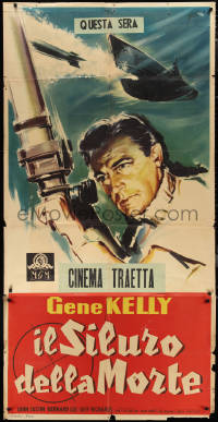 1b0980 CREST OF THE WAVE Italian 39x77 1956 Nano art of Gene Kelly at submarine periscope, rare!