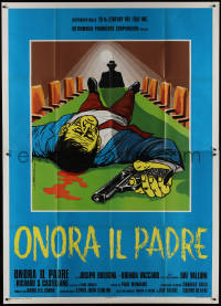 1b0916 HONOR THY FATHER Italian 2p 1973 cool art of dead man with gun on meeting table by Spagnoli!