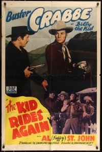 1b1272 KID RIDES AGAIN 1sh 1943 Buster Crabbe as Billy the Kid is held at gunpoint, ultra rare!