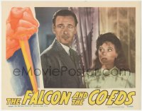 1b1956 FALCON & THE CO-EDS LC 1943 c/u of detective Tom Conway & pretty Rita Corday with shadows!