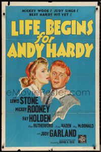 1b1281 LIFE BEGINS FOR ANDY HARDY style D 1sh 1941 art of Judy Garland & Mickey Rooney!