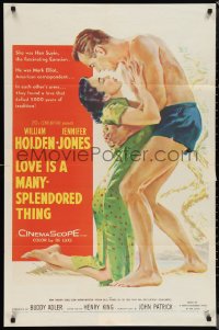 1b1292 LOVE IS A MANY-SPLENDORED THING 1sh 1955 art of William Holden holding sexy Jennifer Jones!