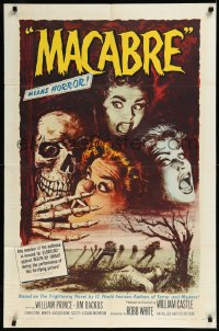 1b1294 MACABRE 1sh 1958 William Castle, Besser art of skeleton & screaming girls in graveyard!