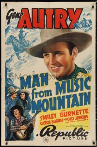 1b1298 MAN FROM MUSIC MOUNTAIN 1sh 1938 great close up of smiling Gene Autry, Smiley with guitar!