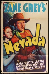 1b1321 NEVADA 1sh 1936 art of cowboy Buster Crabbe with gun & Kathleen Burke, Zane Grey!