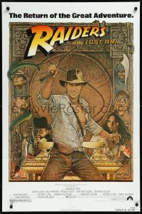 1b1351 RAIDERS OF THE LOST ARK 1sh R1982 great Richard Amsel art of adventurer Harrison Ford!