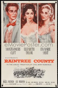 1b1352 RAINTREE COUNTY 1sh R1960s art of Montgomery Clift, Elizabeth Taylor & Eva Marie Saint!