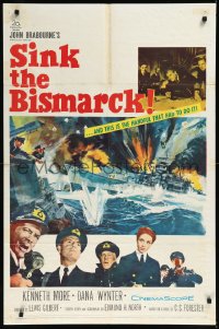 1b1388 SINK THE BISMARCK 1sh 1960 Kenneth More, great WWII clash of battleships art!