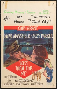 1b1604 KISS THEM FOR ME WC 1957 romantic art of Cary Grant & Suzy Parker, plus sexy Jayne Mansfield!