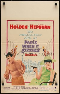 1b1659 PARIS WHEN IT SIZZLES WC 1964 Audrey Hepburn with gun & barechested William Holden in France!