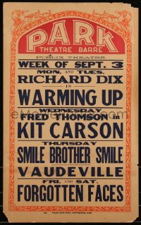 1b1660 PARK THEATRE SEPTEMBER 3-8 local theater WC 1928 Richard Dix, Fred Thomson in Kit Carson!