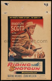 1b1677 RIDING SHOTGUN WC 1954 great image of stagecoach guard Randolph Scott with smoking gun!