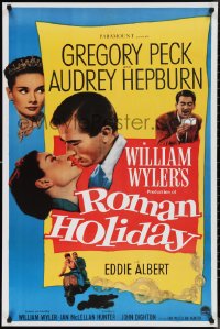 1c0144 ROMAN HOLIDAY 26x40 commercial poster 1980s Hepburn & Peck about to kiss riding on Vespa!