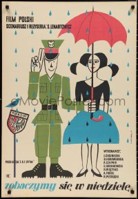 1c0712 SEE YOU ON SUNDAY Polish 23x34 1960 Marian Stanchurski art of soldier & girl standing in rain