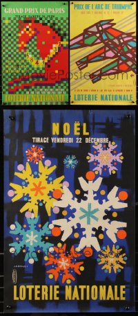 1d0935 LOT OF 3 UNFOLDED FRENCH LOTERIE NATIONALE POSTERS 1960s cool art of horses & snowflakes!