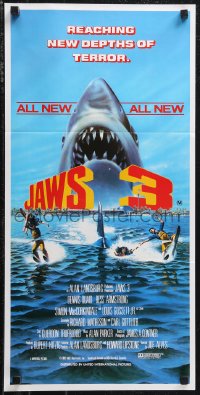 1f1666 JAWS 3-D Aust daybill 1983 Gary Meyer shark artwork, the third dimension is terror!