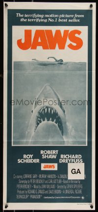 1f1665 JAWS Aust daybill R1970s art of Steven Spielberg's classic man-eating shark attacking sexy swimmer!