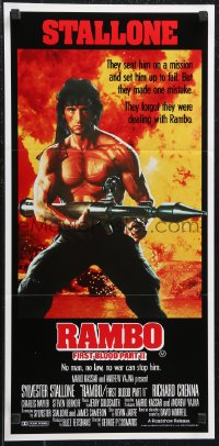 1f1687 RAMBO FIRST BLOOD PART II Aust daybill 1985 no man, no law, no war can stop Stallone!