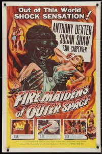 1f1010 FIRE MAIDENS OF OUTER SPACE 1sh 1956 great Kallis art of monster holding sexy blonde!