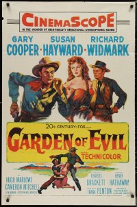 1f1021 GARDEN OF EVIL 1sh 1954 cool art of Gary Cooper, sexy Susan Hayward, & Richard Widmark!