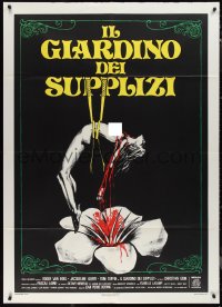 1f1386 GARDEN OF TORTURE Italian 1p 1977 wild different art of naked woman bleeding over flower!