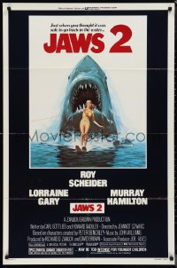 1f1062 JAWS 2 1sh 1978 great classic art of giant shark attacking girl on water skis by Lou Feck!