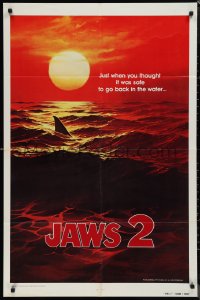 1f1061 JAWS 2 teaser 1sh 1978 shark's fin cutting through ocean at sunset, plus most iconic tagline!