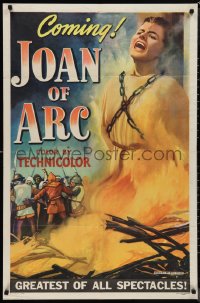 1f1063 JOAN OF ARC style C teaser 1sh 1948 art of Ingrid Bergman being burned at the stake!