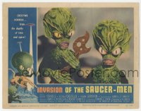 1f0635 INVASION OF THE SAUCER MEN LC #1 1957 close up of cabbage head aliens holding wacky tool!