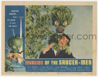 1f0637 INVASION OF THE SAUCER MEN LC #5 1957 fantastic close up of cabbage head alien choking guy!