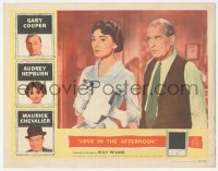 1f0652 LOVE IN THE AFTERNOON LC 1957 Maurice Chevalier stares at pretty Audrey Hepburn w/binoculars!