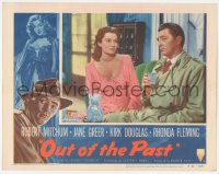 1f0670 OUT OF THE PAST LC #7 R1953 close up of Rhonda Fleming watching Robert Mitchum holding drink!