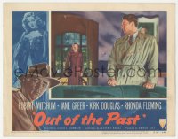 1f0671 OUT OF THE PAST LC #8 R1953 Robert Mitchum in trench coat looks at Jane Greer in doorway!