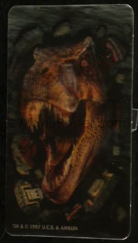 1f0383 JURASSIC PARK 2 lenticular 4x6 card 1997 cool art of Tyrannosaurus Rex crashing through title!