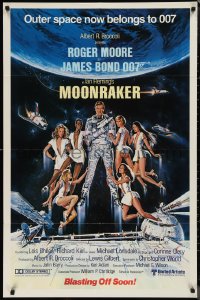 1f1110 MOONRAKER advance 1sh 1979 Goozee art of Moore as James Bond & sexy girls, blasting off soon!