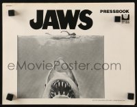 1f1878 JAWS pressbook 1975 art of Steven Spielberg's classic man-eating shark attacking sexy swimmer!