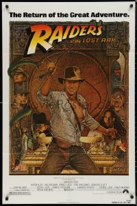 1f1143 RAIDERS OF THE LOST ARK 1sh R1982 great Richard Amsel art of adventurer Harrison Ford!