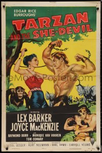 1f1196 TARZAN & THE SHE-DEVIL 1sh 1953 great art of sexy Joyce MacKenzie whipping Lex Barker!