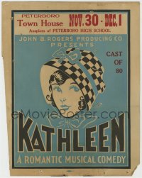 1f1615 KATHLEEN 11x14 stage play WC 1920s art of woman in checkered bonnet, romantic musical comedy!