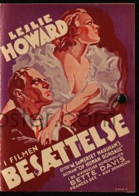 1f2211 OF HUMAN BONDAGE Danish program 1936 Erik F. art of Leslie Howard & Bette Davis, ultra rare!