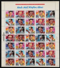 1f0237 LEGENDS OF AMERICAN MUSIC stamp sheet 1992 Elvis, Bill Haley, Buddy Holly & more, 35 stamps!