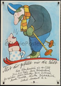 1g0487 YOU TAKE THE KIDS East German 23x32 1983 wild art of baby and man skiing by Bofinger!