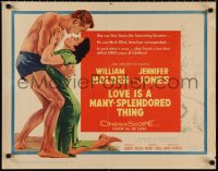 1g0913 LOVE IS A MANY-SPLENDORED THING 1/2sh 1955 romantic art of William Holden & Jennifer Jones!