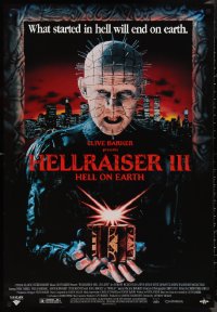 1g0308 HELLRAISER III: HELL ON EARTH 27x39 video poster 1992 Clive Barker, Pinhead holding cube!