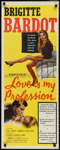 1g1017 LOVE IS MY PROFESSION insert 1959 Georges Simoneon's En Cas de Malheur, sexy Brigitte Bardot!