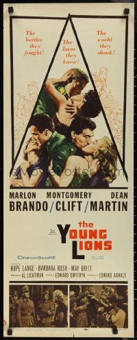 1g1077 YOUNG LIONS insert 1958 art of Nazi Marlon Brando, Dean Martin & Montgomery Clift!