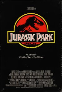 1g1261 JURASSIC PARK DS 1sh 1993 Steven Spielberg, classic logo with T-Rex over red background